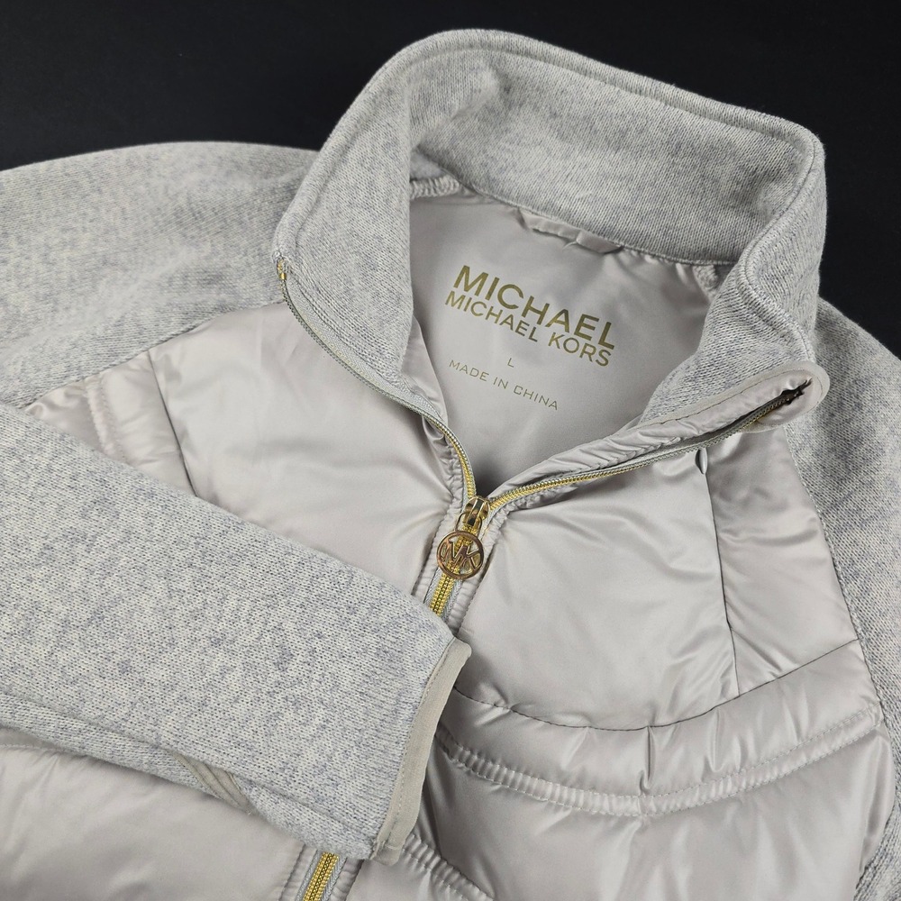 Michael Kors Womens Gray Down Hybrid Puffer Jacket Knit Sleeve Gold Zip Large